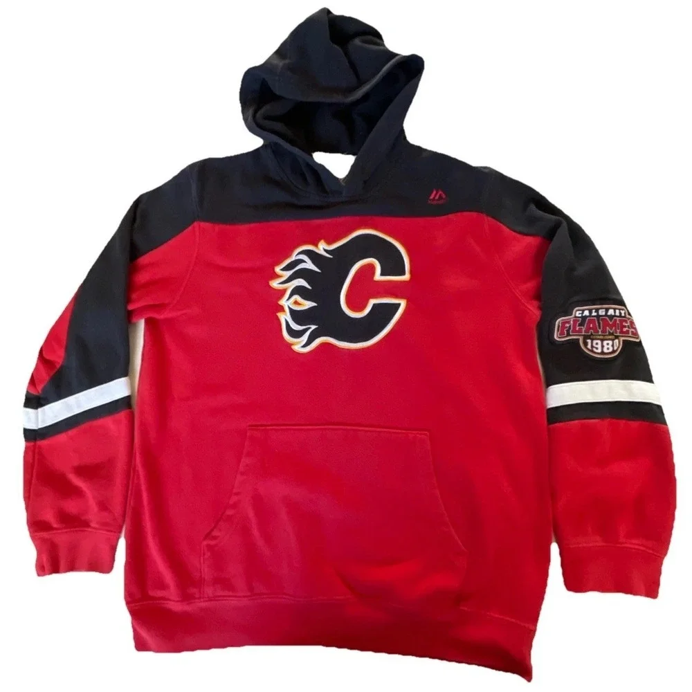 Calgary‎ Flames Youth Majestic Pullover Hoodie XL Size 14 Stitched Logo Red